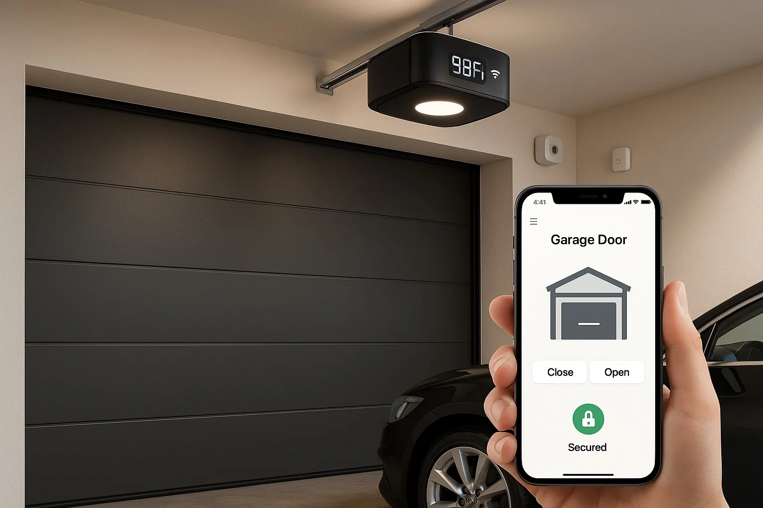 Technician performing garage door maintenance by inspecting torsion springs and mechanical parts for safe operation.