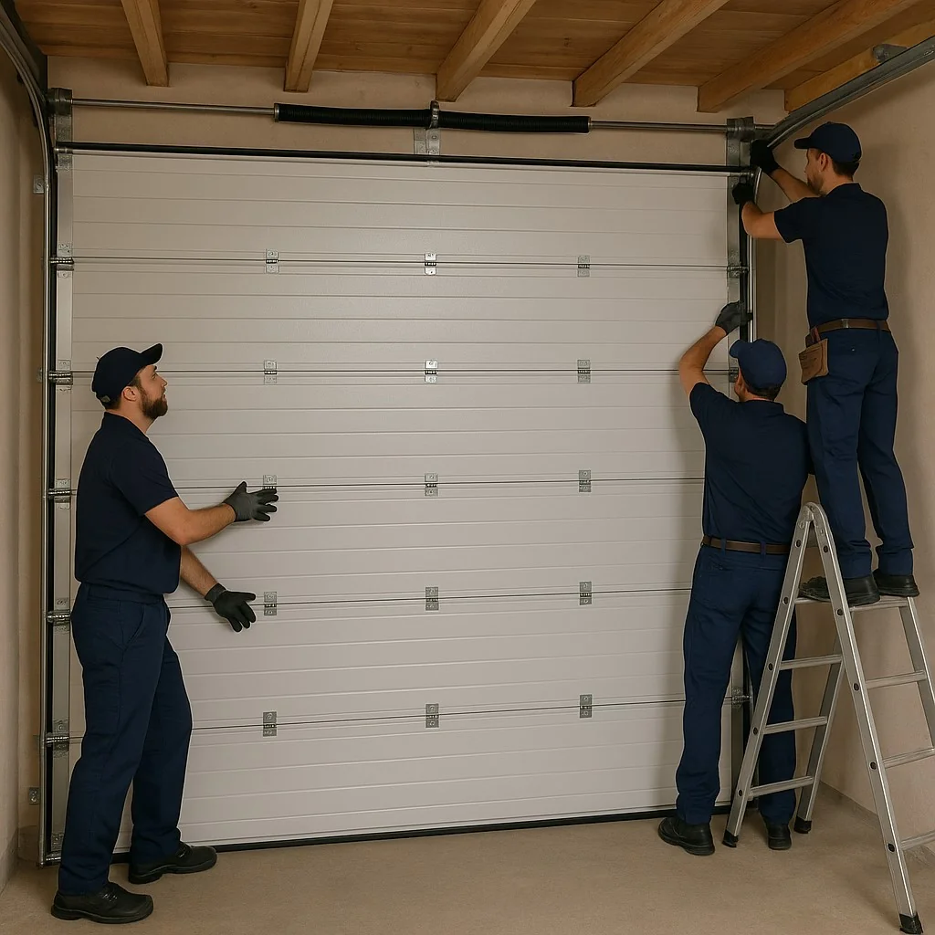 Two-tone panel design modern garage doors with decorative windows on suburban home.