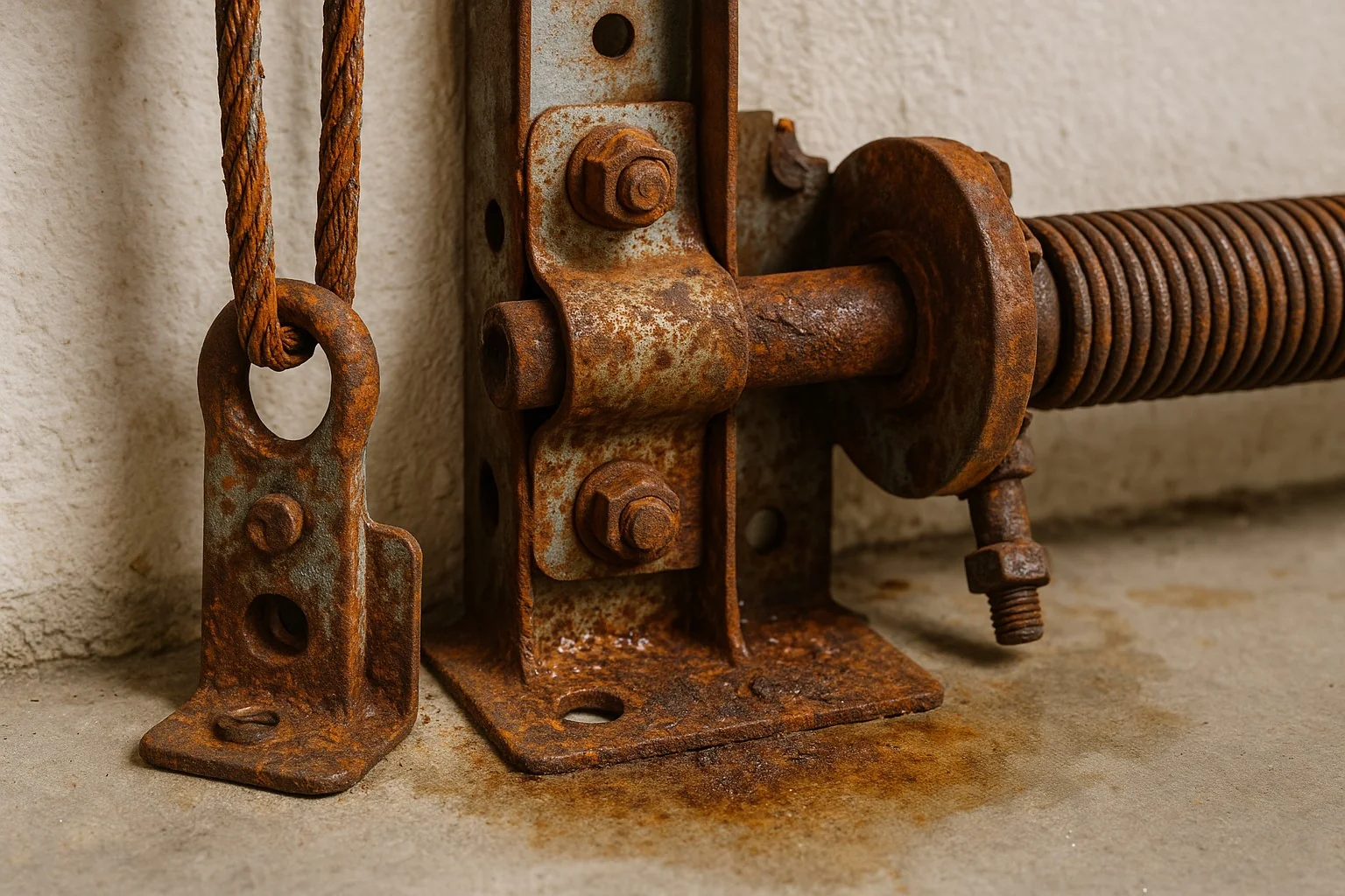 Technician performing garage door maintenance by lubricating metal hinges to ensure smooth and quiet door movement.