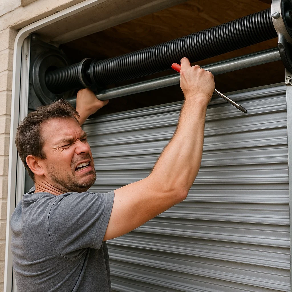 Smartphone app controlling modern garage doors with automated opener.