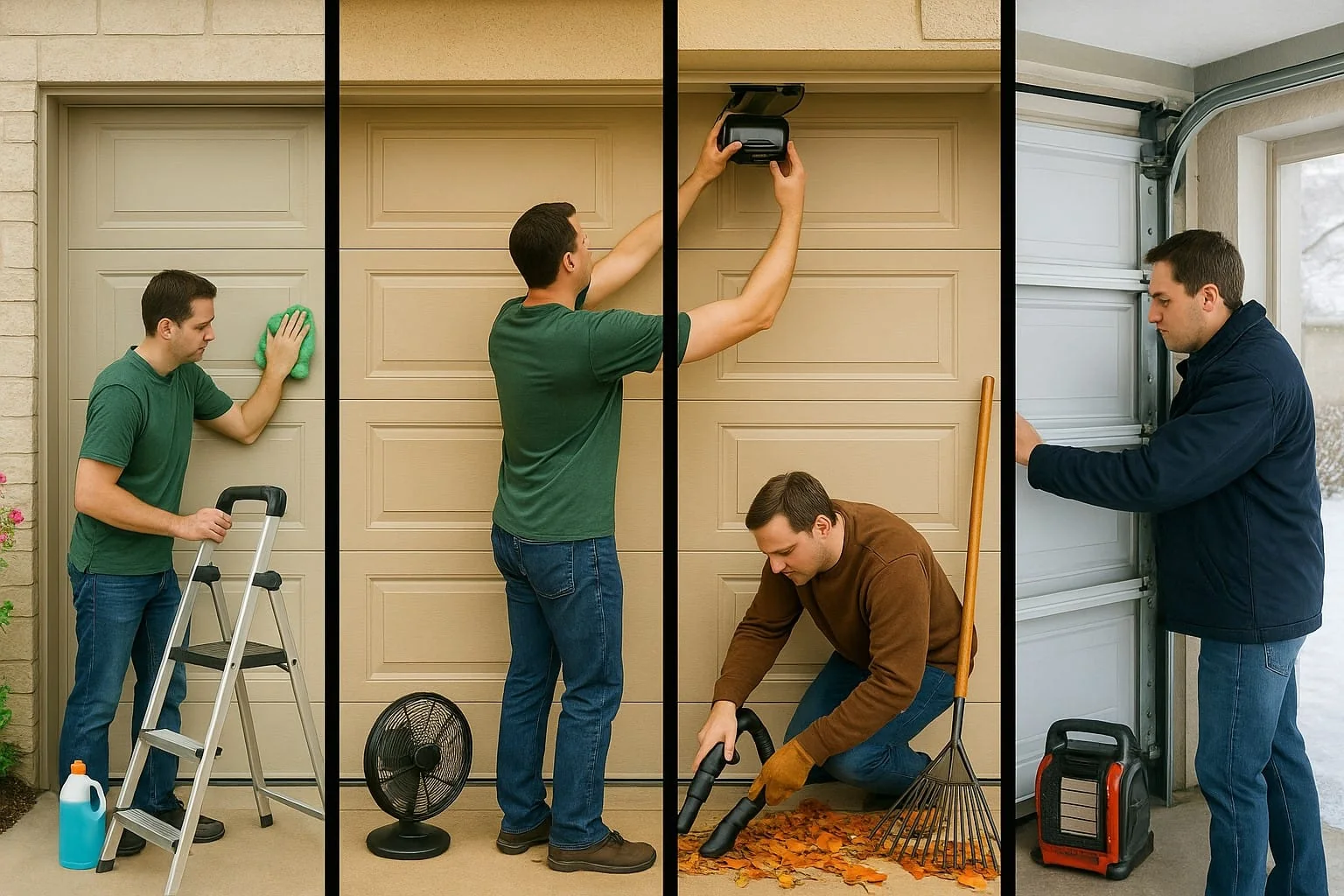 Four seasonal scenes of garage door maintenance showing a man performing tasks like cleaning panels in spring, inspecting equipment in summer, clearing leaves in fall, and checking door seals in winter.
