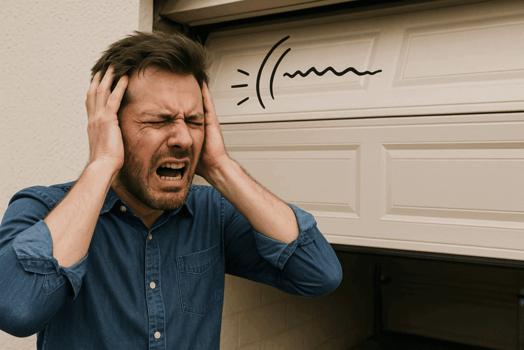 Liberty, TX Garage Door Repairs: Cost vs. Replacement 4 Frustrated man covering ears from noisy garage door, showing need for garage door repairs.