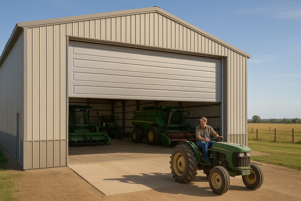 Farmer driving tractor out of large barn with open entrance after commercial garage door repair.