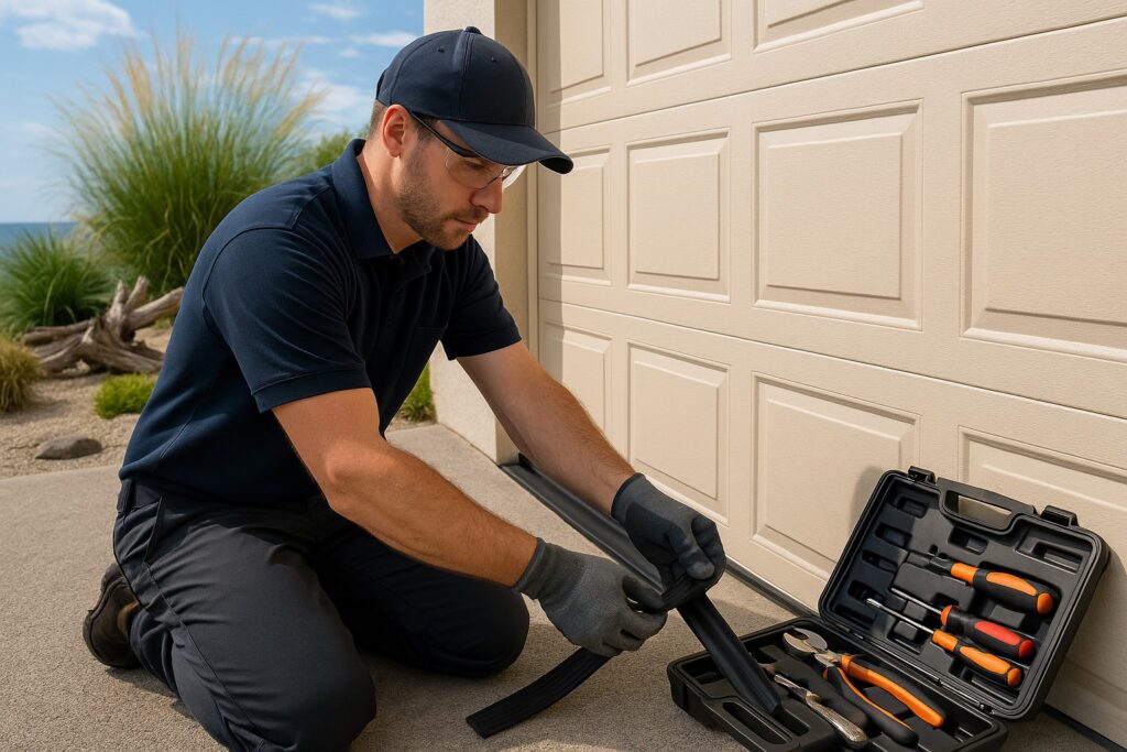Technician preparing garage door weather stripping installation with tools.