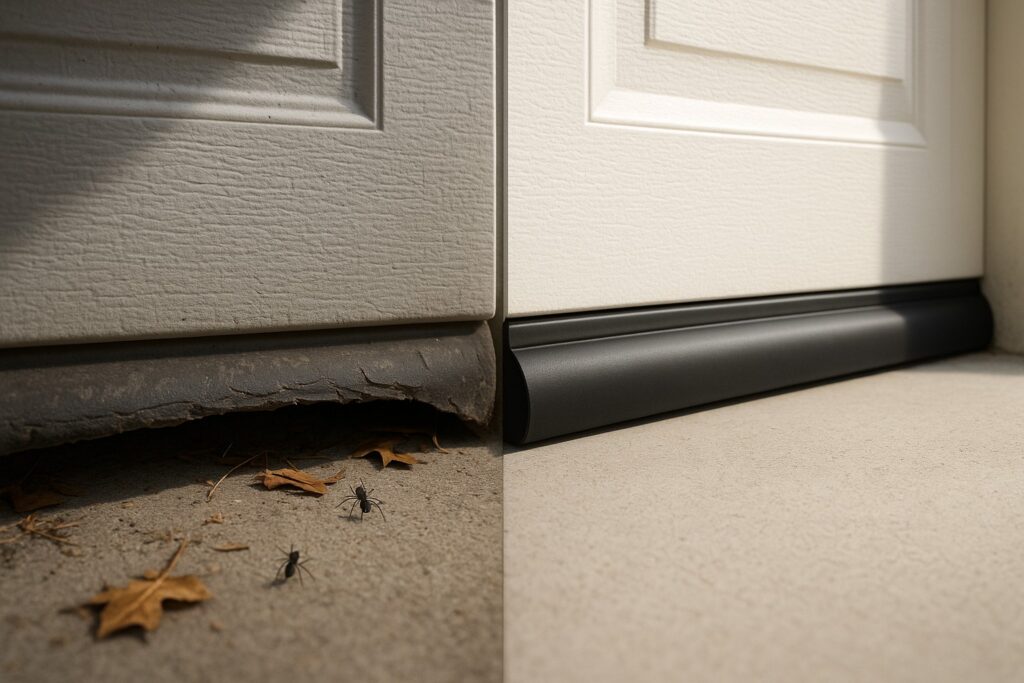 Before and after garage door weather stripping showing improved bottom seal against pests and debris.