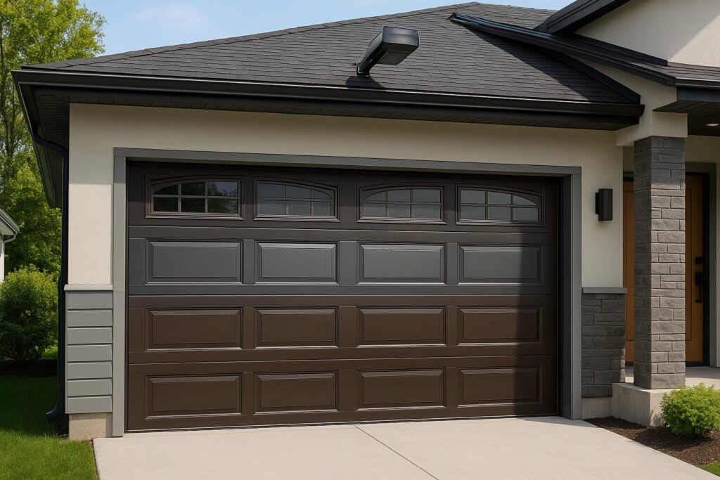Two-tone panel design modern garage doors with decorative windows on suburban home.