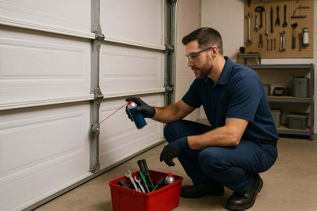 Technician performing garage door maintenance by lubricating metal hinges to ensure smooth and quiet door movement.